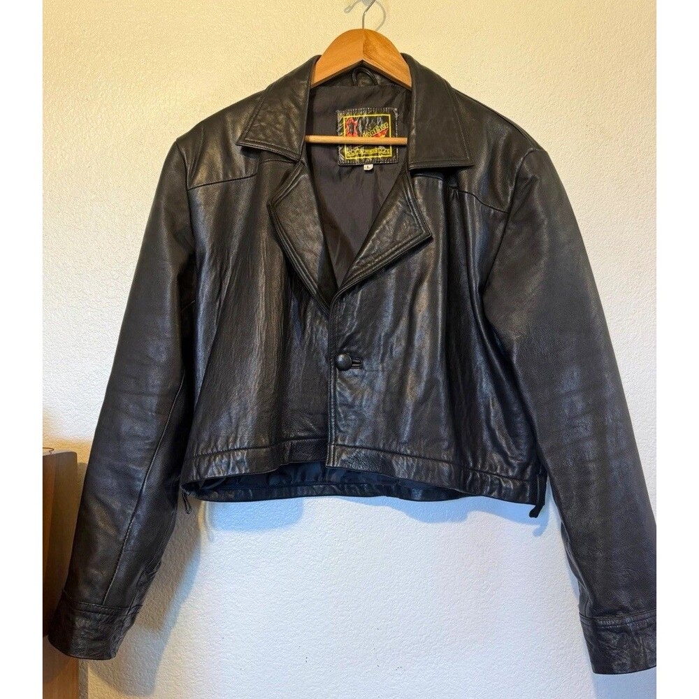 Vintage Cropped Black Lambskin Large Leather Jacket Afghanistan Buttery Boxy